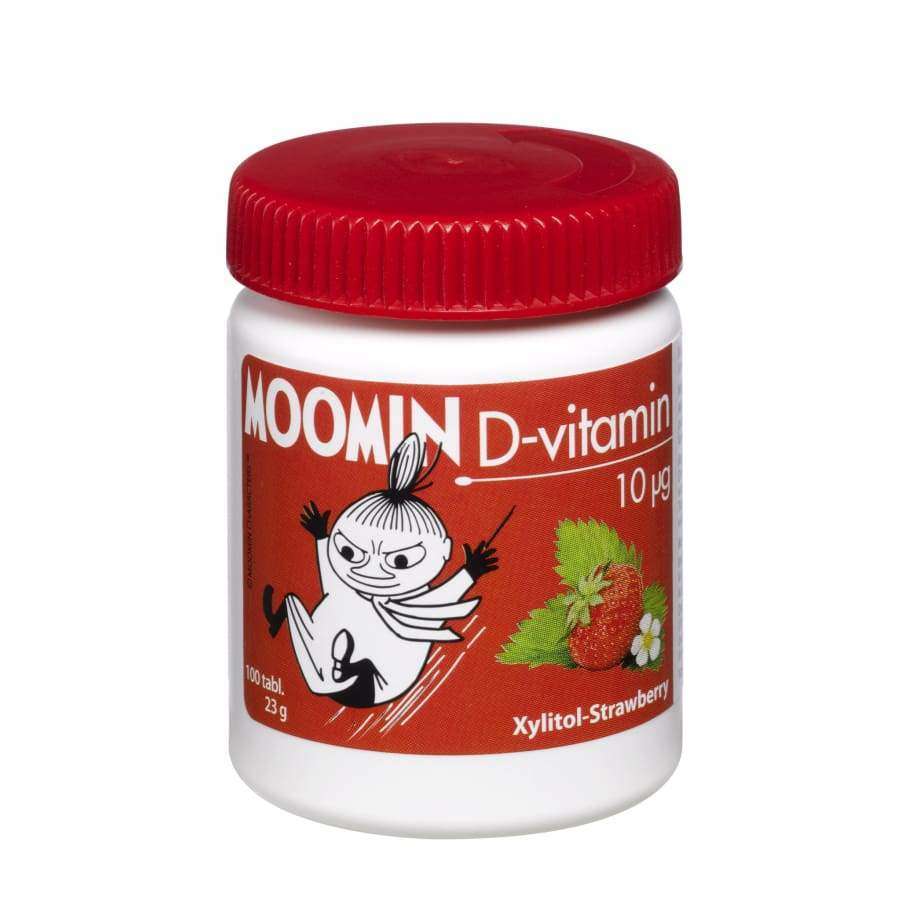 Una confezione di Moomin Vitamin-D 10 ug Xylitol Strawberry tablets di Moomin, con tappo rosso e personaggio dei cartoni animati, contiene 100 compresse al gusto di fragola.
