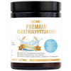 Een pot van 120 g Biomed Premium Electrolyte Powder Natural van Biomed, met een wit etiket, gouden en blauwe accenten, afbeeldingen van waterspatten en Finse tekst. Deze suikervrije formule ondersteunt de hydratatie.