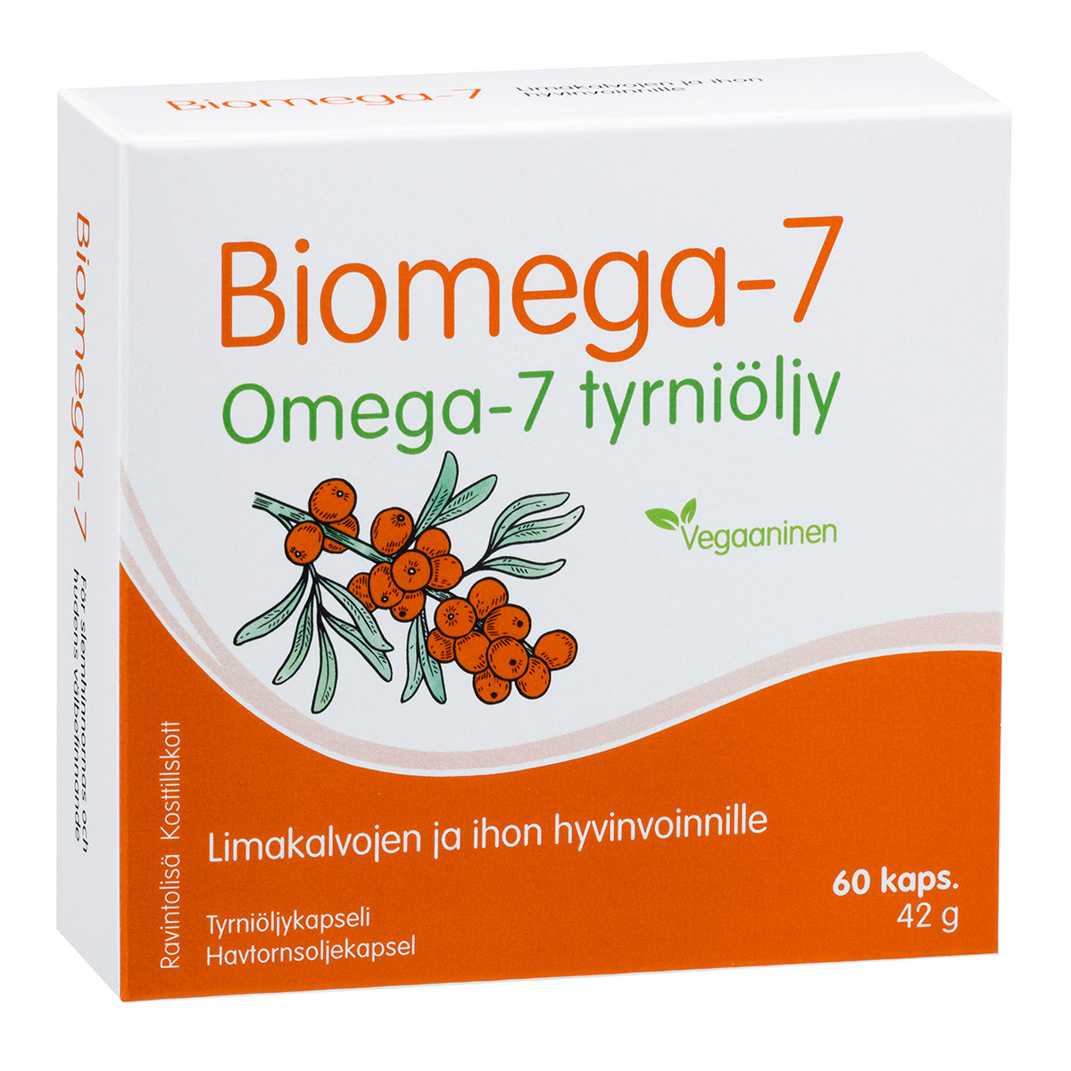 Een doos Hankintatukku Biomega-7, een veganistisch voedingssupplement met 60 capsules (42 g), met Finse tekst en een afbeelding van een duindoorn tak. Bevat omega-7-vetzuren ter ondersteuning van een gezonde huid.