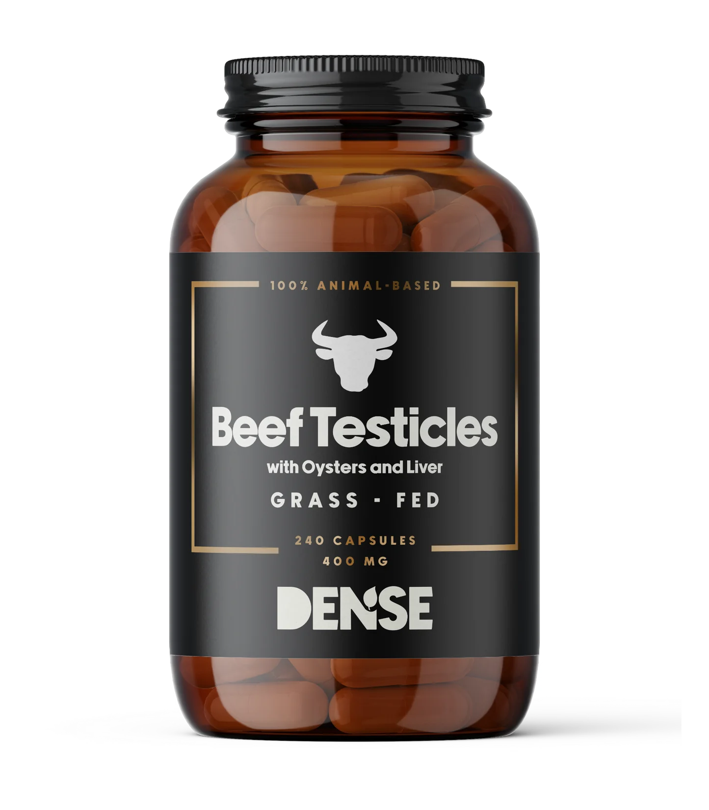 Een bruine fles met het label DENSE Beef Testicles van DENSE, 240 capsules, 400 mg, met een stierpictogram en een zwarte schroefdop, bevat capsules met rundertestikels die zijn ontwikkeld om de natuurlijke testosteronproductie en mannelijke vitaliteit te ondersteunen.