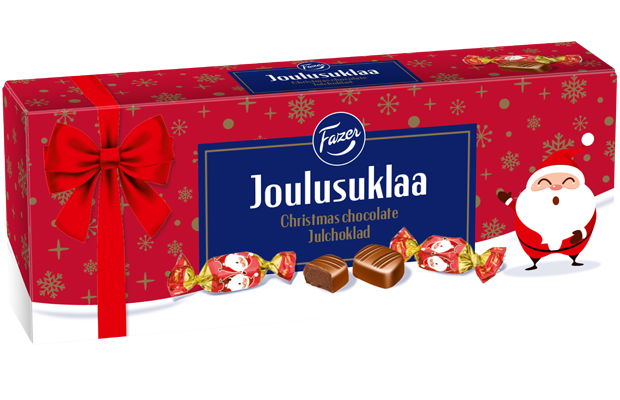 Een rode doos met Fazer Christmas Chocolates Praline van Fazer, met feestelijke patronen, een rode strik en een cartoon-kerstman. Op de voorkant staan chocolaatjes en verpakte snoepjes zoals gemberbrood-truffelchocolade.