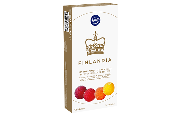 Een rechthoekige witte doos met Fazer Finlandia Fruit Marmalade Jellies is voorzien van het Fazer-merk, een gouden kroonontwerp, kleurrijke afbeeldingen van fruitgelei aan de onderkant en de vermelding dat het product geen gelatine bevat.