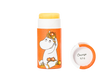 Een Gustaf & Linnea Moomin Lipbalm Snork Maiden-tube met een Moomin-personage en bloemen staat naast de dop met het label Orange 8,5 g. De gele balsem met natuurlijke ingrediënten is gedeeltelijk opgedraaid tegen een witte achtergrond.
