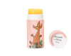 Een tube Gustaf & Linnea Moomin Lipbalm Sniff met een cartoonmuis op een roze etiket, met daarnaast de witte dop open, waarop staat: "Marigold & Honey, 8,5 g".