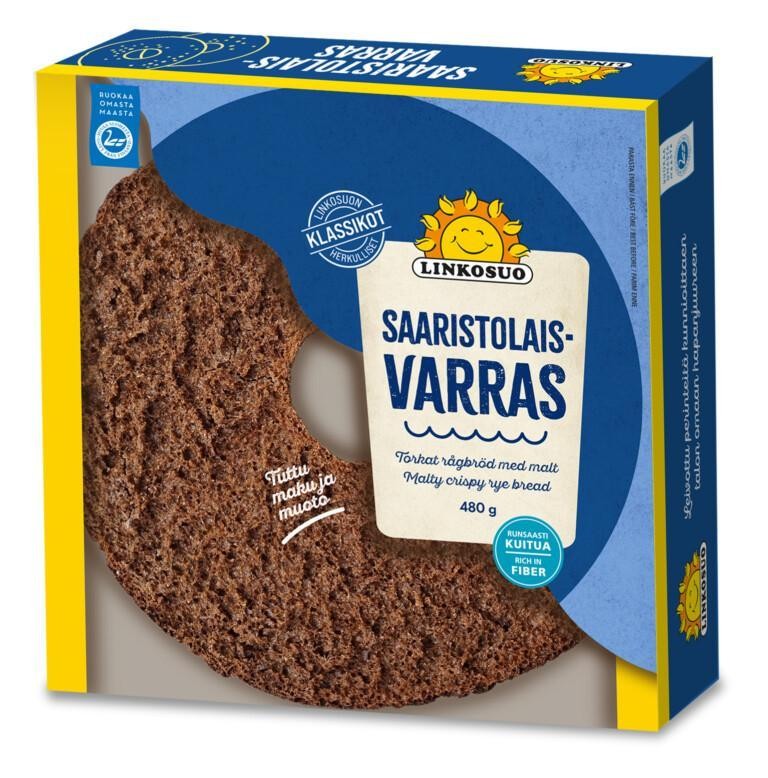 Een verpakking Linkosuo Crispy Rye Bread van Linkosuo – ronde, donkere, vezelrijke veganistische roggechips met een gat in het midden. De blauw-gele verpakking is voorzien van een zonlogo en bevat productinformatie in het Fins en Engels.