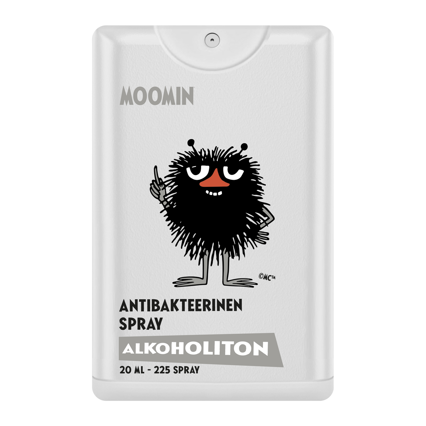 De Moomin Alcoholvrije Antibacteriële Handspray van Moomin wordt geleverd in een sprayflesje van 20 ml met een zwart stekelig stripfiguurtje, is goed voor 225 verstuivingen en is alcoholvrij voor een milde handhygiëne.
