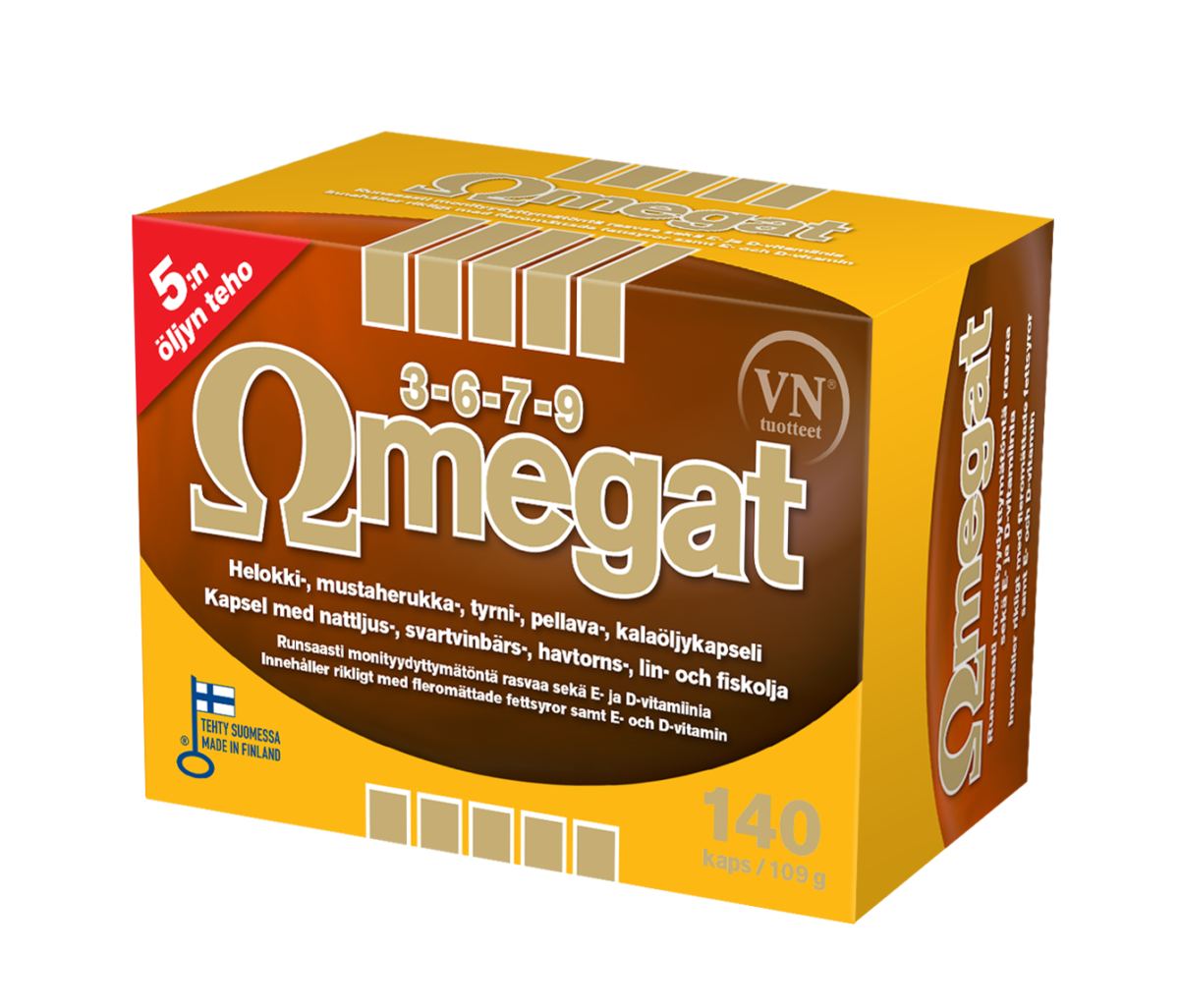Via Naturale Omegat 3-6-7-9 is een supplement dat rijk is aan omega-vetzuren, waaronder gamma-linoleenzuur uit teunisbloemolie. De oranjebruine/gele doos bevat 140 capsules en is voorzien van Finse en Zweedse beschrijvingen.