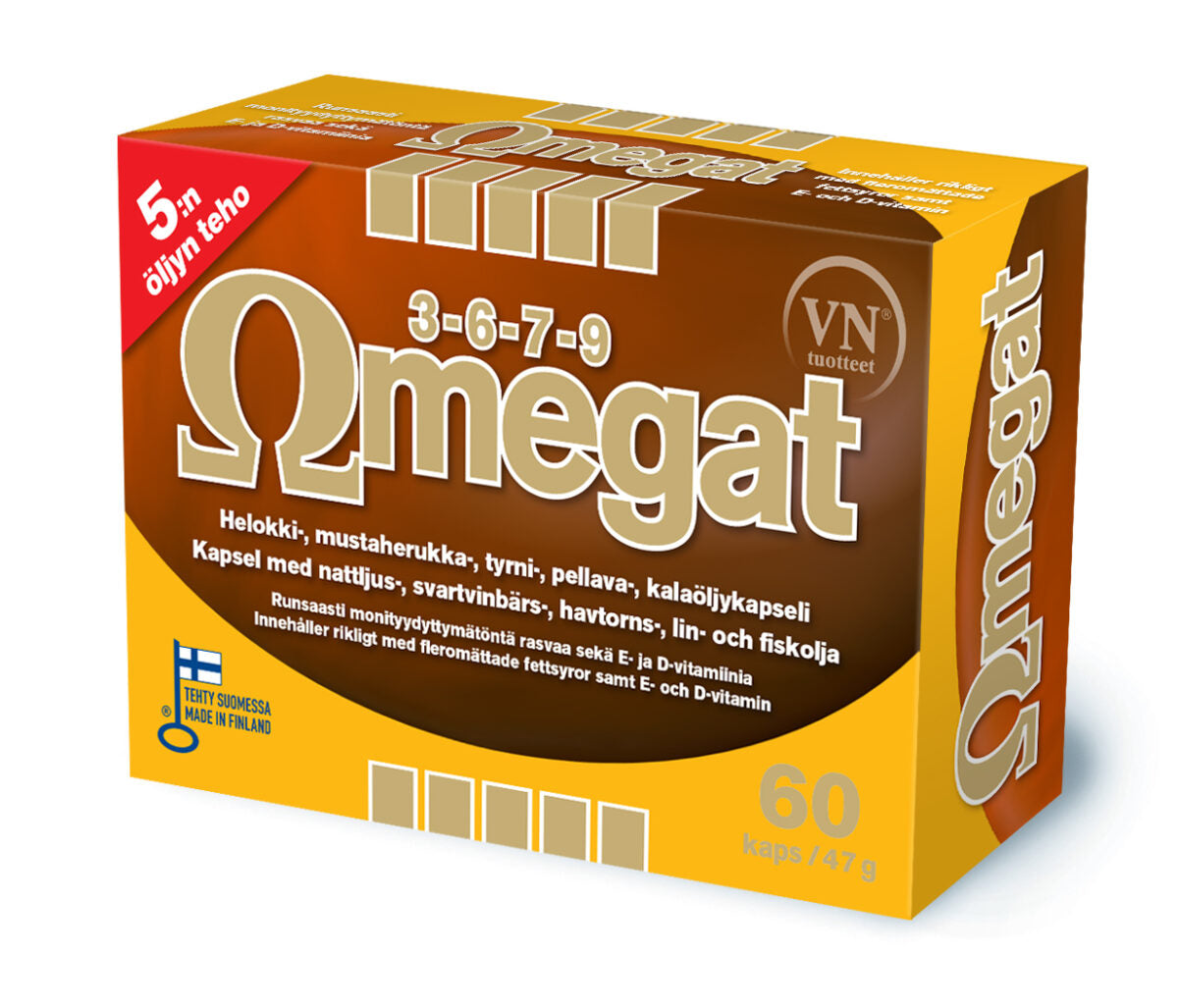 Een bruine en gele doos Via Naturale Omegat 3-6-7-9 voedingssupplement bevat 60 capsules met omega-vetzuren 3, 6, 7 en 9 uit duindoorn, zwarte bes, visolie en teunisbloemolie plus vitamines. Gemaakt in Finland.