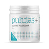 Een witte verpakking van Puhdas+ Magnesium Powder, met blauwe en grijze tekst, kleine plustekens onderaan en een blauw 4 TEHO-label, waarmee dit Puhdas+ met vier vormen van magnesium wordt benadrukt.