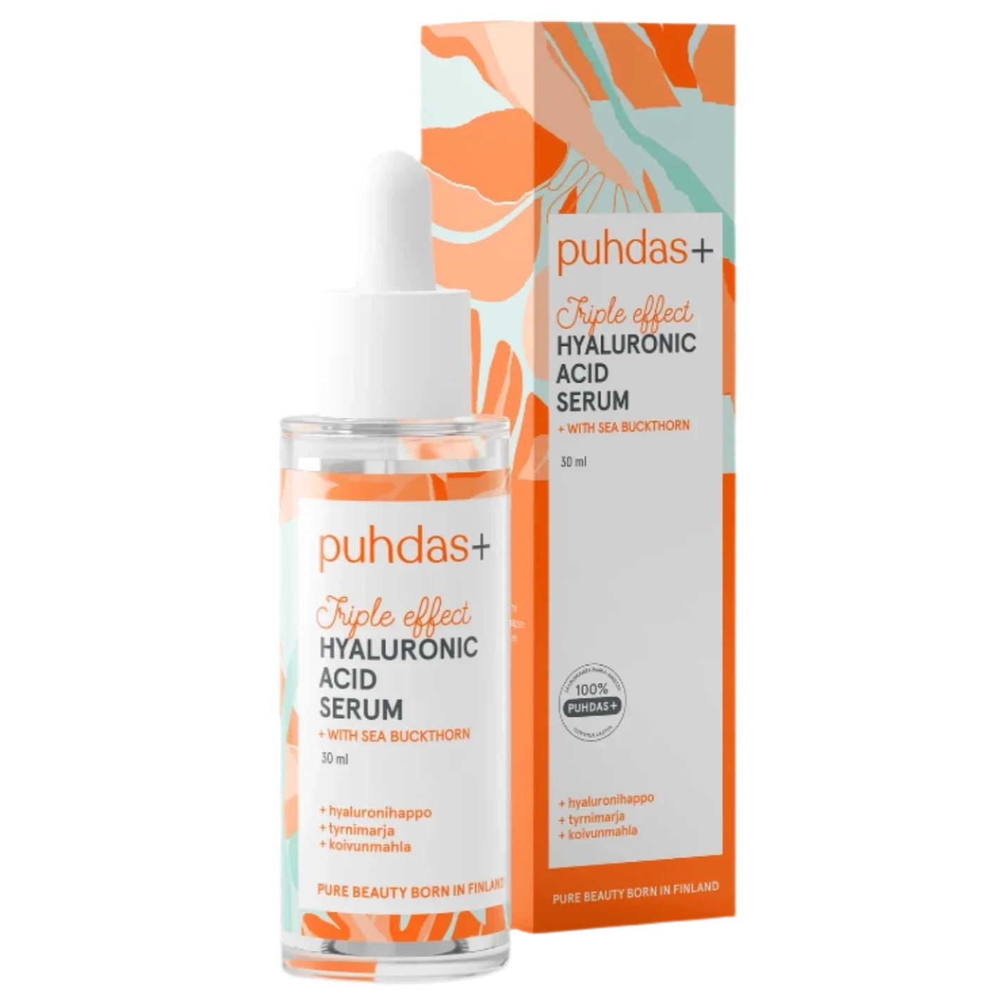 Een fles en doos Puhdas+ Hyaluronzuenserum & Duindoorn, met abstracte oranje en perzikkleurige ontwerpen. De verpakking benadrukt het hydraterende serum Puhdas+, de belangrijkste ingrediënten en productdetails.