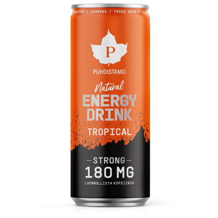 Een hoog oranje en zwart blikje Puhdistamo Natural Energy Drink Tropical Strong heeft een wit esdoornbladlogo, is suikervrij en bevat 180 mg cafeïne uit plantenextracten.
