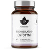 Een bruine glazen fles met het label Puhdistamo en een zwart bladlogo bevat 30 capsules Puhdistamo Digestive Enzymes, een Fins veganistisch supplement. Het witte label is voorzien van zwarte en grijze tekst. Ondersteunt de spijsvertering met een speciale enzymenmix.