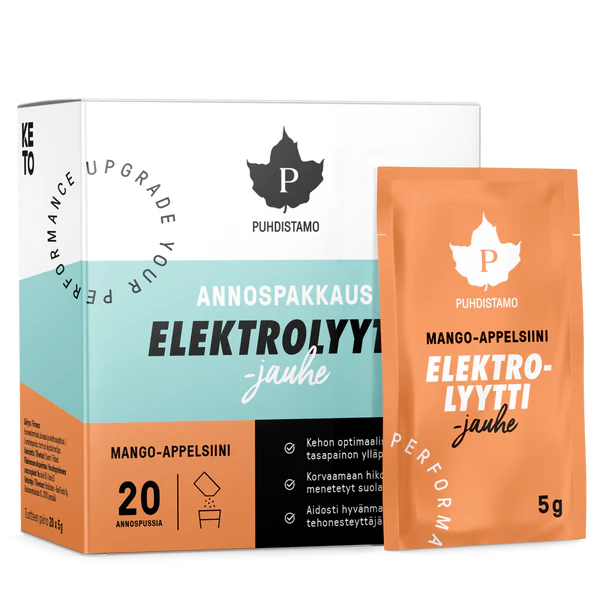 Een doos Puhdistamo Electrolyte Powder Mango & Orange bevat 20 zakjes. Perfect voor ketogene diëten. Elk zakje heeft een minimalistisch wit ontwerp met oranje en zwarte tekst. Merk: Puhdistamo.