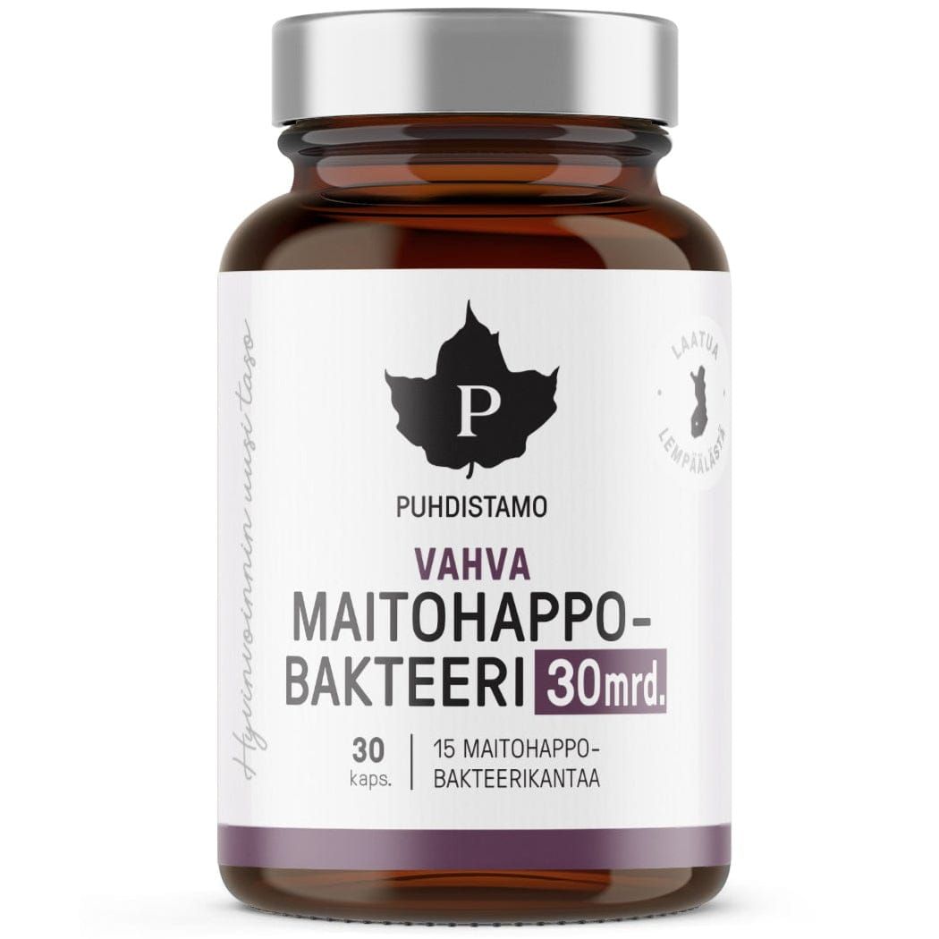 Een bruine glazen fles met het label Puhdistamo Strong Probiotic 30 Billion CFU bevat 30 capsules met krachtige probiotica voor een gezonde darmflora. Het overwegend witte etiket met zwarte en paarse tekst is voorzien van een esdoornbladlogo. Merk: Puhdistamo.