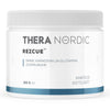 Een witte plastic verpakking van THERA Nordic Rezcue Drink Powder (THERA Nordic), met blauwe accenten, voorzien van een etiket in het Fins en Zweeds. Voedingssupplement voor darmherstel met zink, carnosine en glutamine, 120 g.
