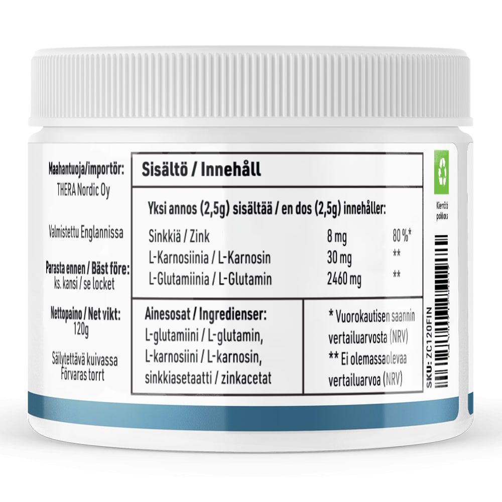 THERA Nordic Rezcue Drink Powder van THERA Nordic wordt geleverd in een witte plastic verpakking met een blauw etiket in het Fins en Zweeds, waarop zink, L-carnosine en L-glutamine voor darmgenezing en zure reflux worden benadrukt, plus de portiegrootte en gegevens van de fabrikant.