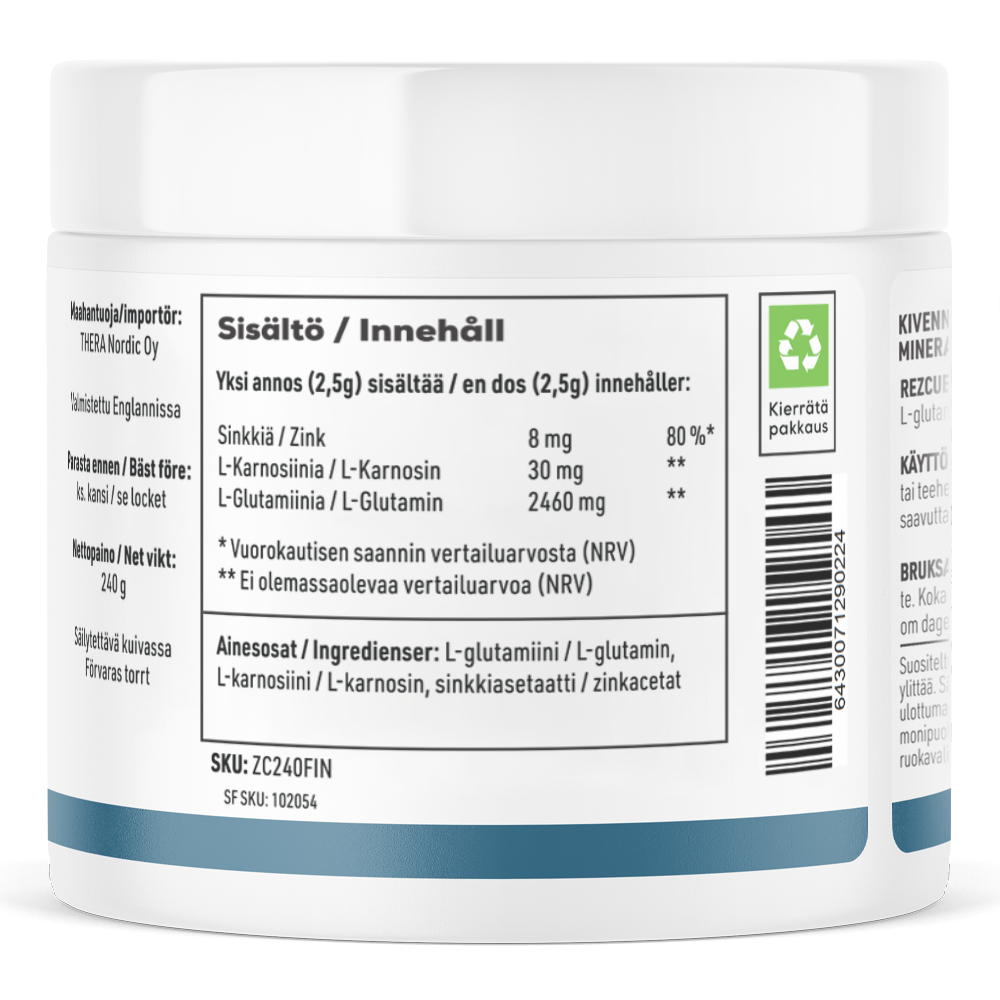 Een witte THERA Nordic Rezcue Drink Powder-verpakking is voorzien van een Scandinavisch etiket met ingrediënten zoals zink, L-carnosine en L-glutamine voor een gezonde darmflora. Er is een streepjescode en een recyclingsymbool aanwezig. Merk: THERA Nordic.