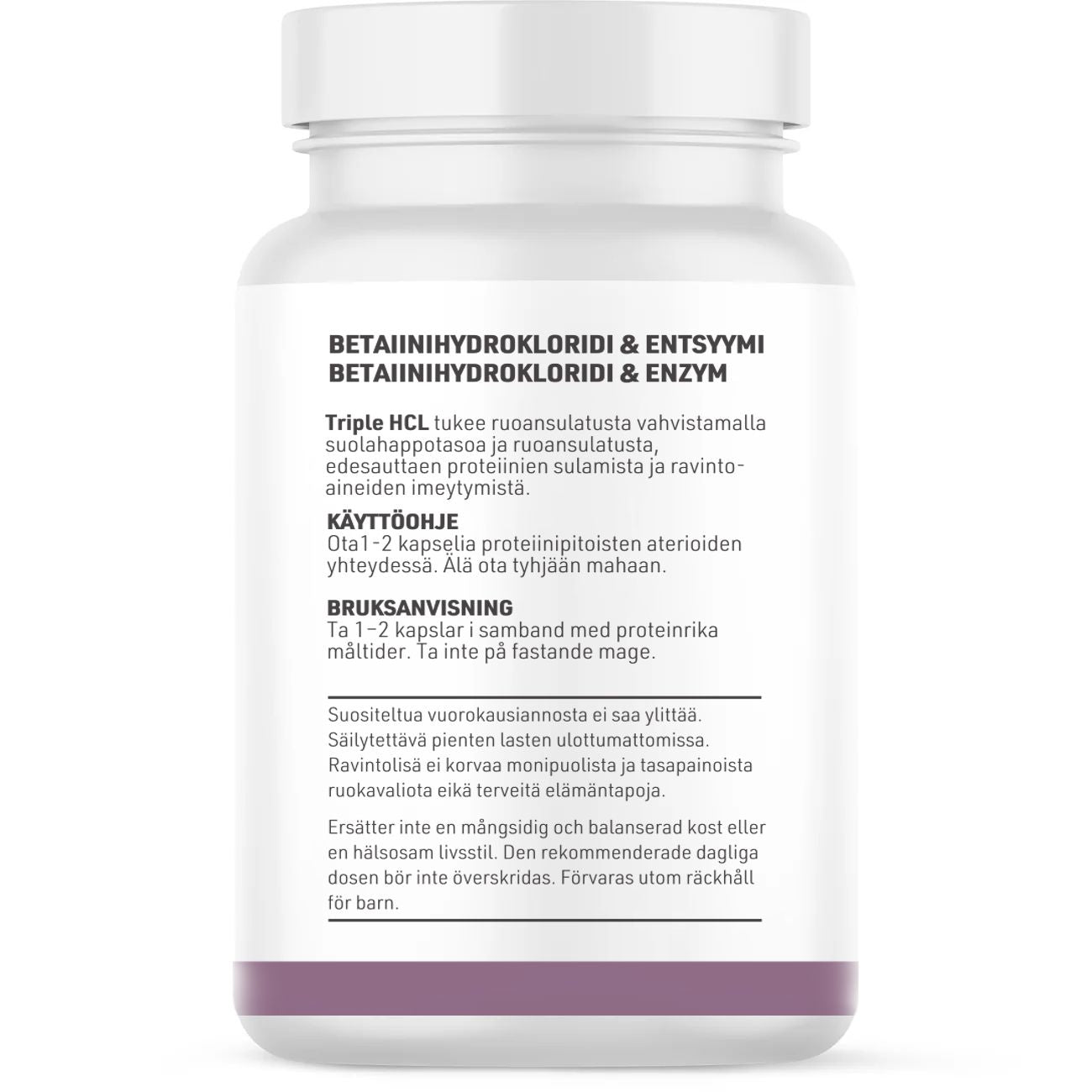 Een witte plastic fles met een grijze dop met het label "THERA Nordic Triple HCL" van THERA Nordic, met Finse en Zweedse tekst over spijsvertering, verlichting van zure reflux, doseringsinstructies, gebruiksrichtlijnen en vetgedrukte/normale lettertypes voor nadruk.