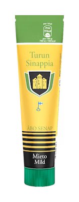 Een tube Turun Sinappi Turku Milde Mosterd met een geel en groen etiket, wapen, Finse vlag en zwarte dop. Op de verpakking staat Finse en Zweedse tekst die deze klassieke milde mosterd benadrukt.