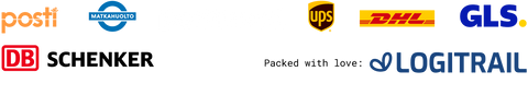 Logo's van verschillende transportbedrijven, waaronder Posti, Matkahuolto, PostNord, UPS, DHL, GLS, DB Schenker en Logitrail, gerangschikt op een lichte achtergrond met de tekst 'Verpakt met liefde: LOGITRAIL'.