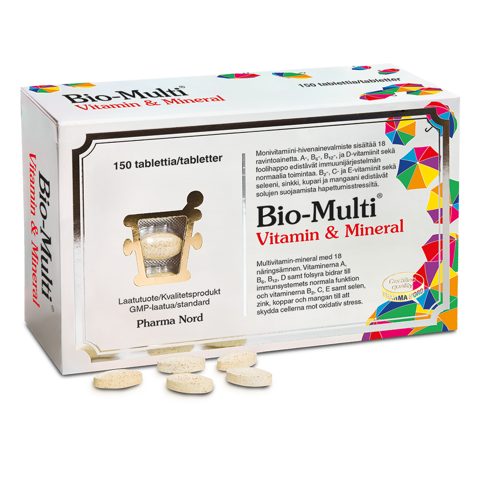 Bio-Multi Vitamin & Mineral van Pharma Nord bevat SelenoPrecise een volledig vitamine B-complex. De verpakking bevat 150 ronde beige multivitamine-supplementtabletten, waarvan enkele tabletten op de voorkant van de doos zijn afgebeeld.