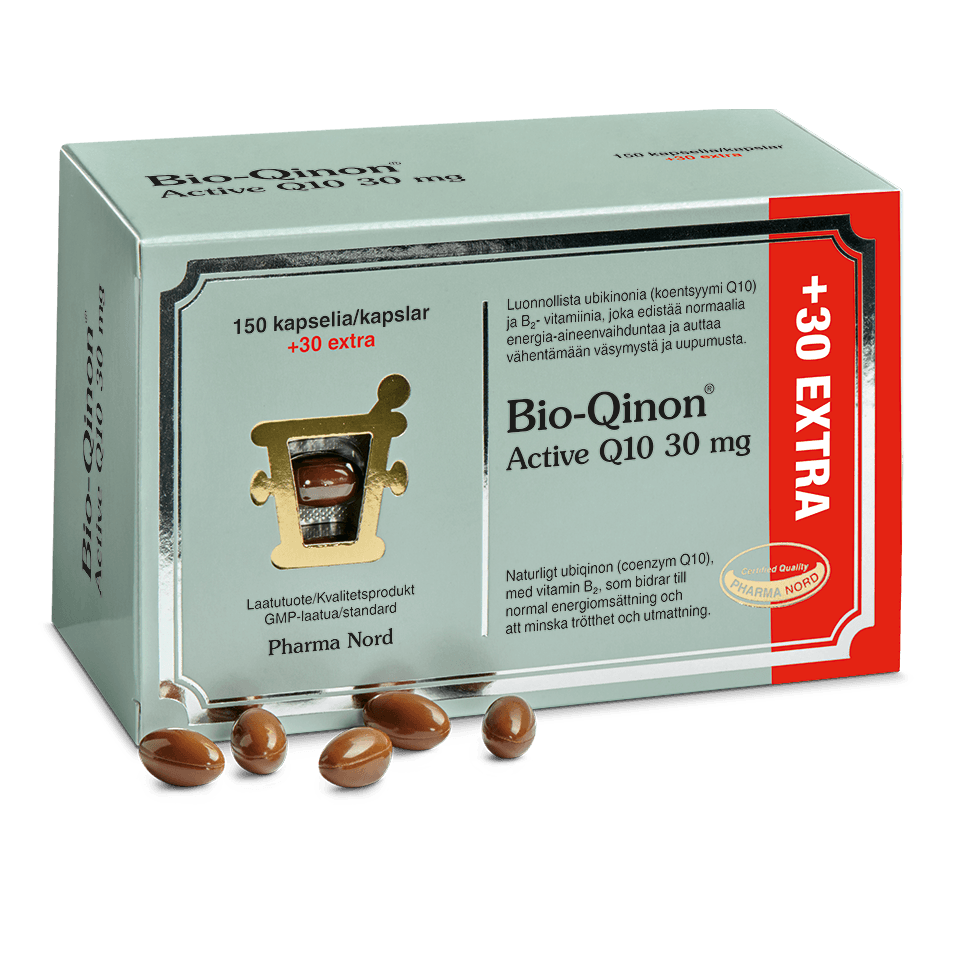Bio-Qinon Q10, 30 mg van Pharma Nord is een voedingssupplement met co-enzym Q10 en vitamine B2. Elke doos bevat 150 capsules plus 30 extra, weergegeven met verschillende bruine capsules op de voorkant van de verpakking.