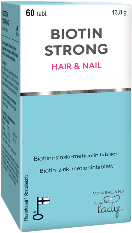 Een blauw-witte doos Vitabalans Strong Hair & Nail-tabletten, een biotine-supplement met keratine, bevat 60 tabletten (13,8 g). Op de verpakking staan Finse en Engelse tekst, merklogo's en productdetails.