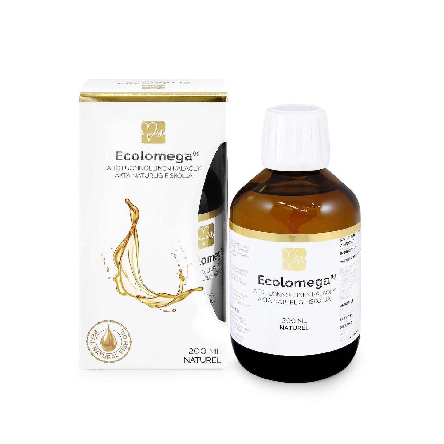 Een fles Ecolomega-visolie van 200 ml – natuurlijk, rijk aan omega-vetzuren, met een wit etiket en bruin glas – staat naast de milieuvriendelijke wit-gouden doos met een spatontwerp en het Ecolomega-logo.