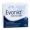 Een doos Hankintatukku Evonia Hair Booster-tabletten, met blauwe silhouetten van een man en een vrouw, ondersteunt de gezondheid van het haar en richt zich op mannelijke kaalheid. De doos (65 g) bevat 60 tabletten met informatie in het Fins en Engels.