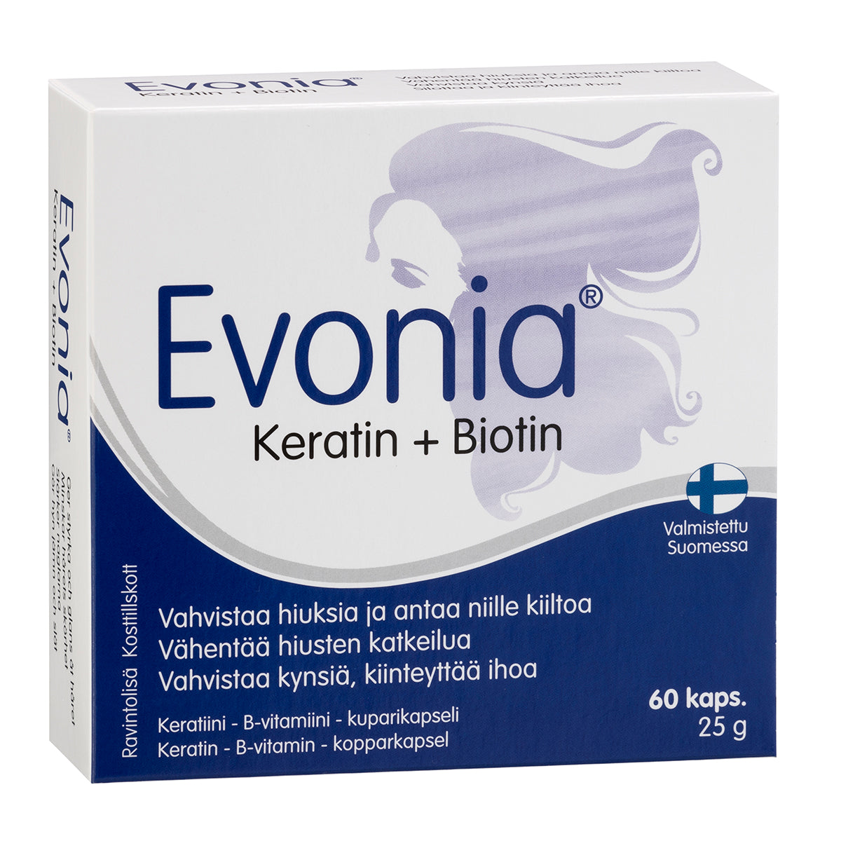 Een doos Hankintatukku Evonia Keratin + Biotin bevat 60 capsules voor het versterken van het haar. De voornamelijk witte en blauwe verpakking is voorzien van Finse tekst en een afbeelding van een vrouwenkop met golvend haar.