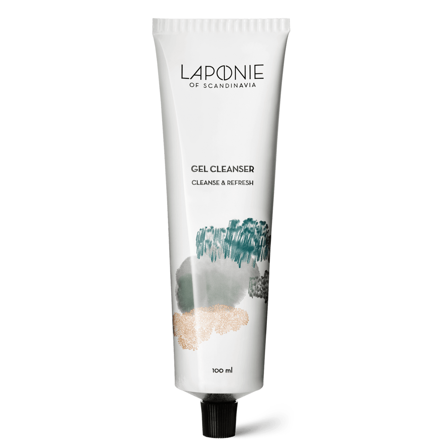 Een witte tube van 100 ml Laponie of Scandinavia Cleanser heeft abstracte groene en beige ontwerpen, zwarte tekst en een zwarte dop. Deze veganistische reiniger voor de gevoelige huid heeft het label 'Cleanse & Refresh'.