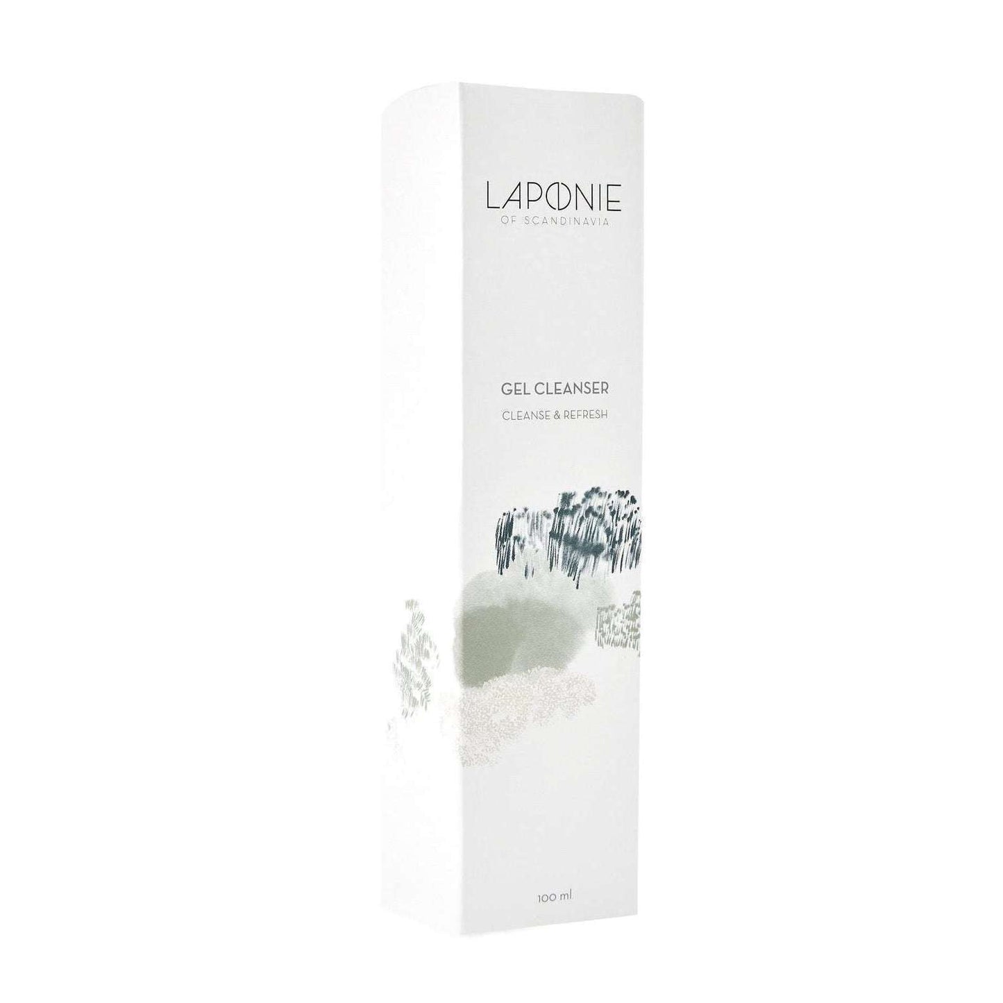 Laponie of Scandinavia Cleanser wordt geleverd in een hoge, witte rechthoekige fles van 100 ml met minimalistische, op de natuur geïnspireerde ontwerpen en zwarte tekst. Deze veganistische reiniger is zacht voor de gevoelige huid.