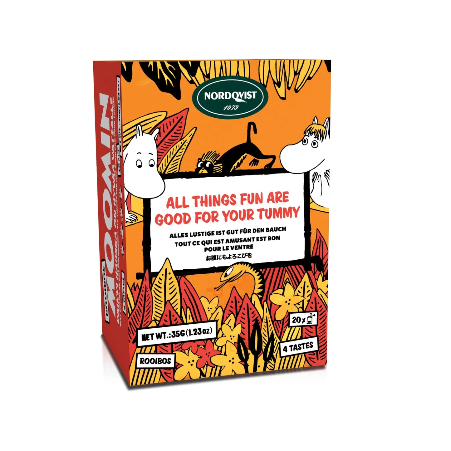 Nordqvist All Things Fun Are Good For Your Tummy is een kleurrijke doos met 20 cafeïnevrije rooibostheezakjes in 4 smakelijke melanges, met Moomin-figuren en herfstbladeren.
