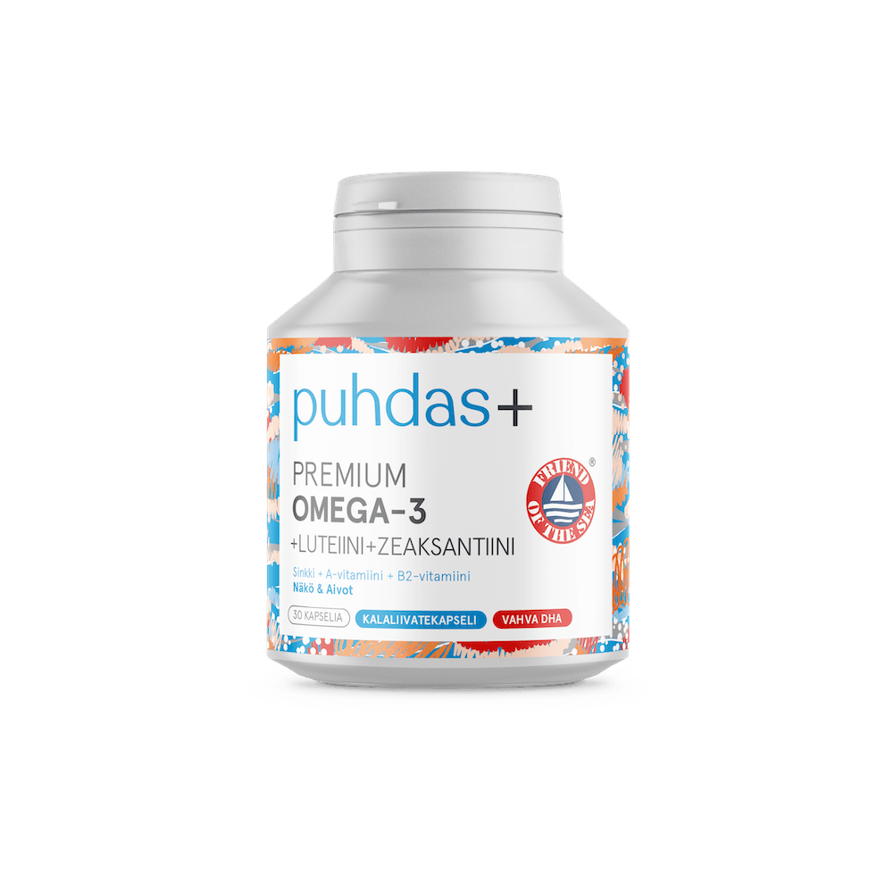 Een witte Puhdas+ met het label 'Premium Omega-3 + Luteïne + Zeaxanthine' heeft blauwe, oranje en rode accenten met Finse tekst, waarmee de toegevoegde voedingsstoffen luteïne en zeaxanthine worden benadrukt.
