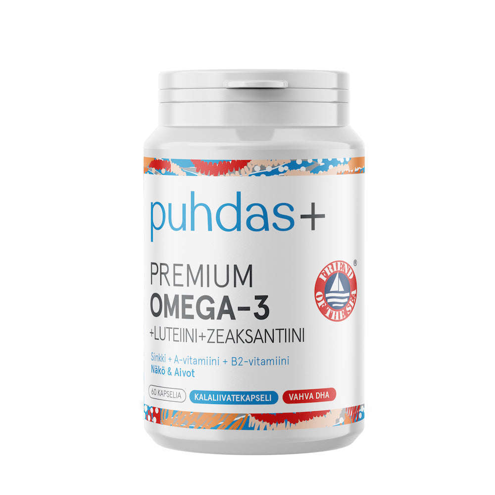 Een witte fles Puhdas+ Omega-3 + Luteïne + Zeaxanthine heeft een blauw en oranje etiket met Finse informatie over de voordelen van omega-3, luteïne en zeaxanthine, met daarboven een witte dop.