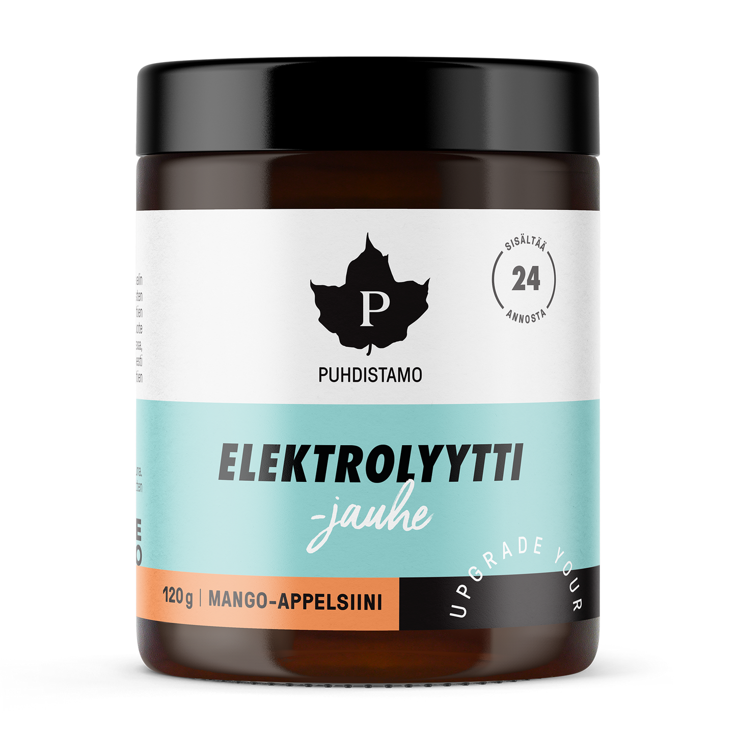 Puhdistamo Electrolyte Powder Mango & Orange, 120 g, is ideaal voor keto-diëten of als sportdrankboost. Het wordt geleverd in een pot met een zwarte deksel en een wit, turquoise en oranje etiket. Merk: Puhdistamo.
