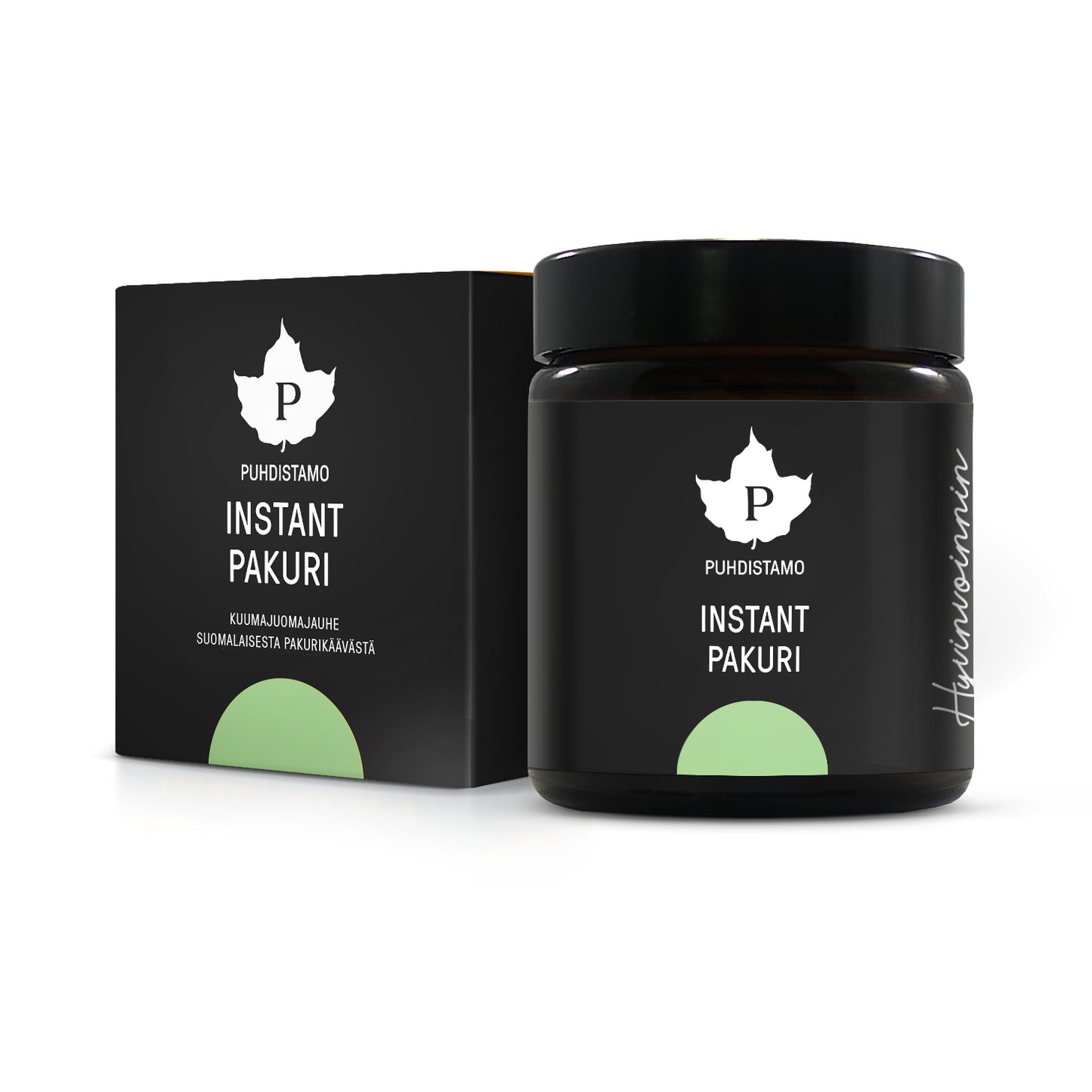 Een donkere pot en bijpassende doos met Puhdistamo Premium Research Instant Chaga Powder, met een minimalistische zwarte verpakking, witte tekst en een bladlogo. Dit Finse Puhdistamo-product benadrukt de natuurlijke voordelen van de Chaga-paddenstoel op het Finse etiket.
