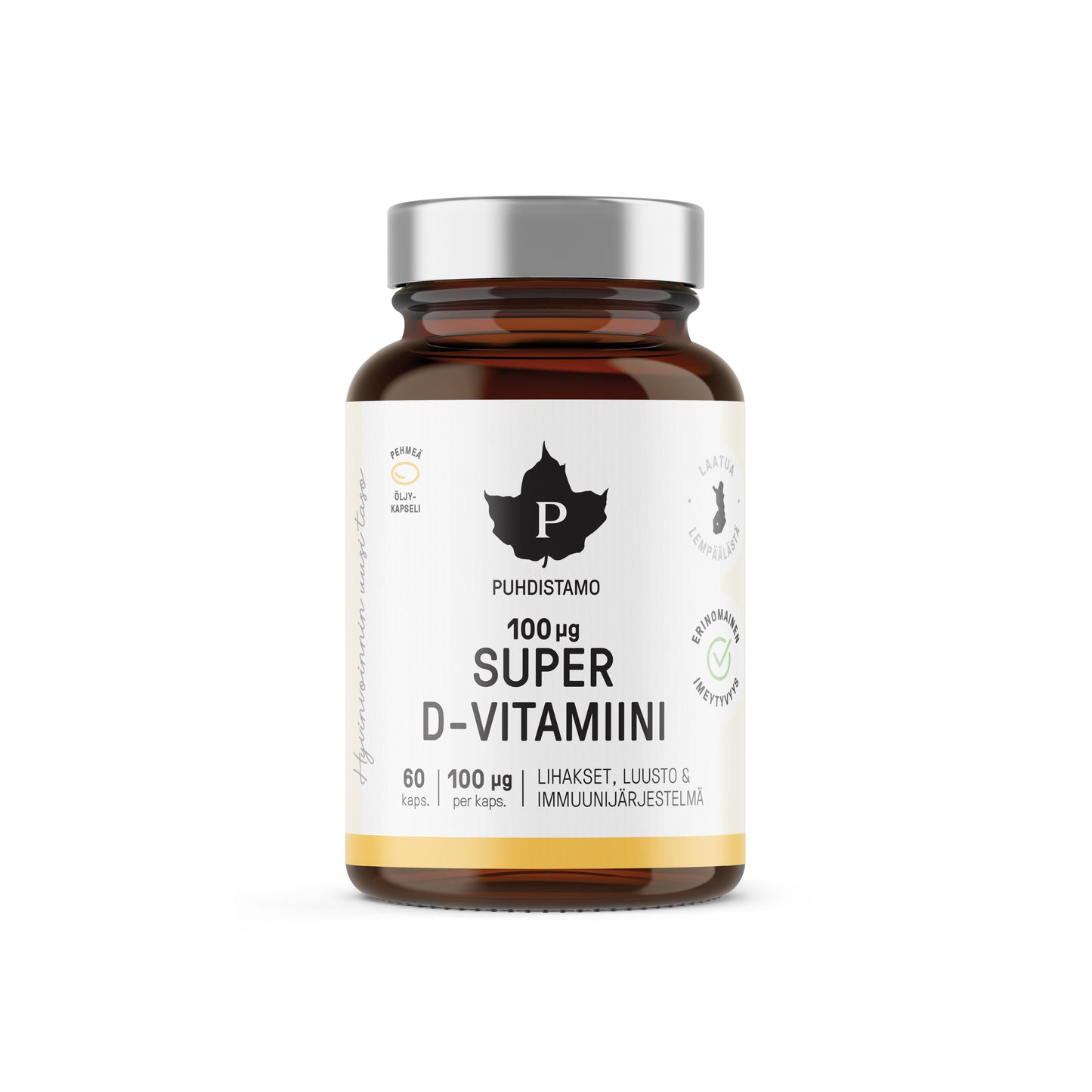 Een bruine glazen fles met een zilveren deksel met het label Puhdistamo Super Vitamin D 100 mikrog, met 60 capsules vitamine D3. Op het label staan productinformatie en kwaliteitsiconen, vergelijkbaar met hoogwaardige levertraansupplementen. Merk: Puhdistamo.