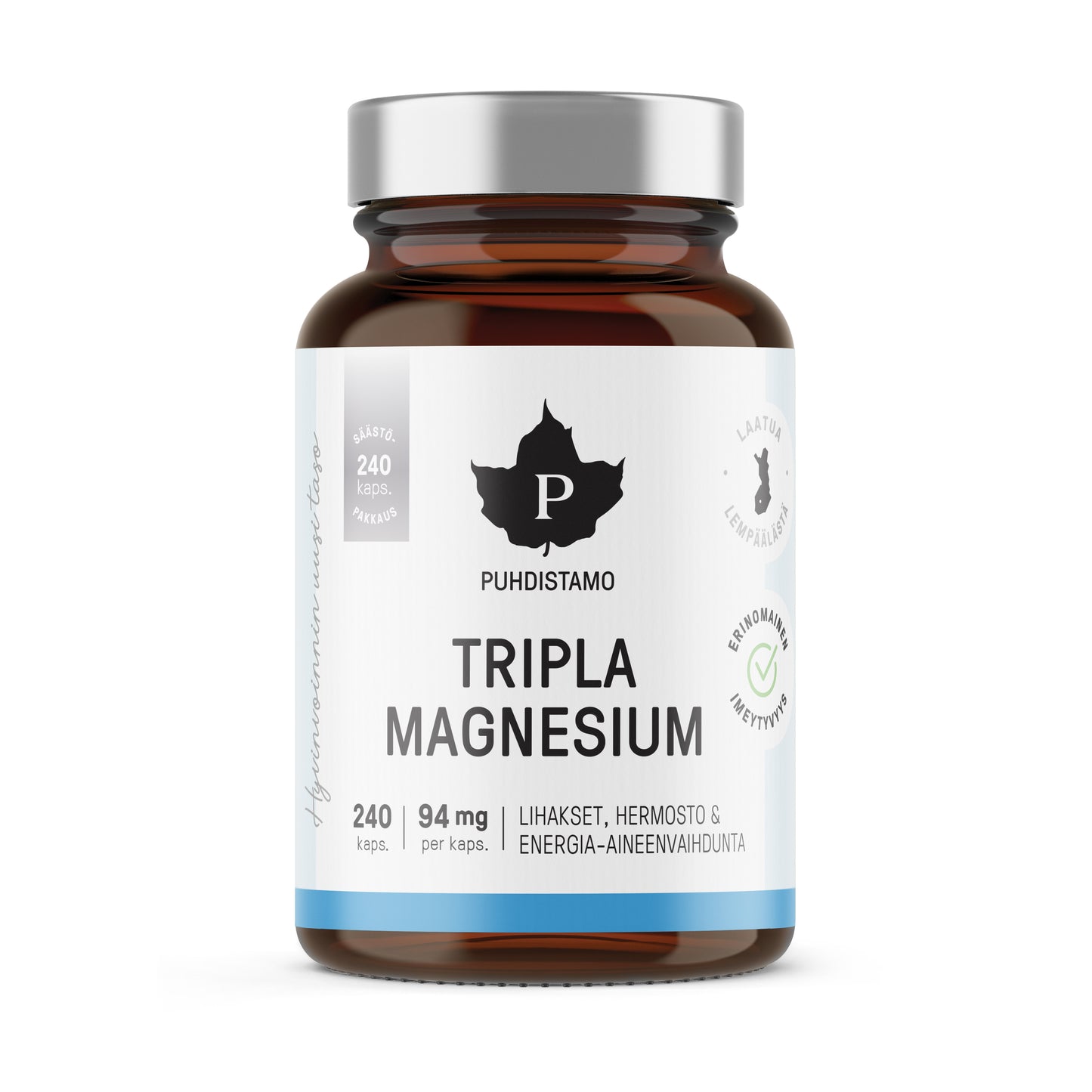 Een bruine glazen fles met het label Puhdistamo Triple Magnesium van Puhdistamo en een zwarte dop. Bevat 240 capsules, elk met 94 mg goed opneembaar magnesium, plus Finse tekst en certificeringssymbolen op een wit etiket.