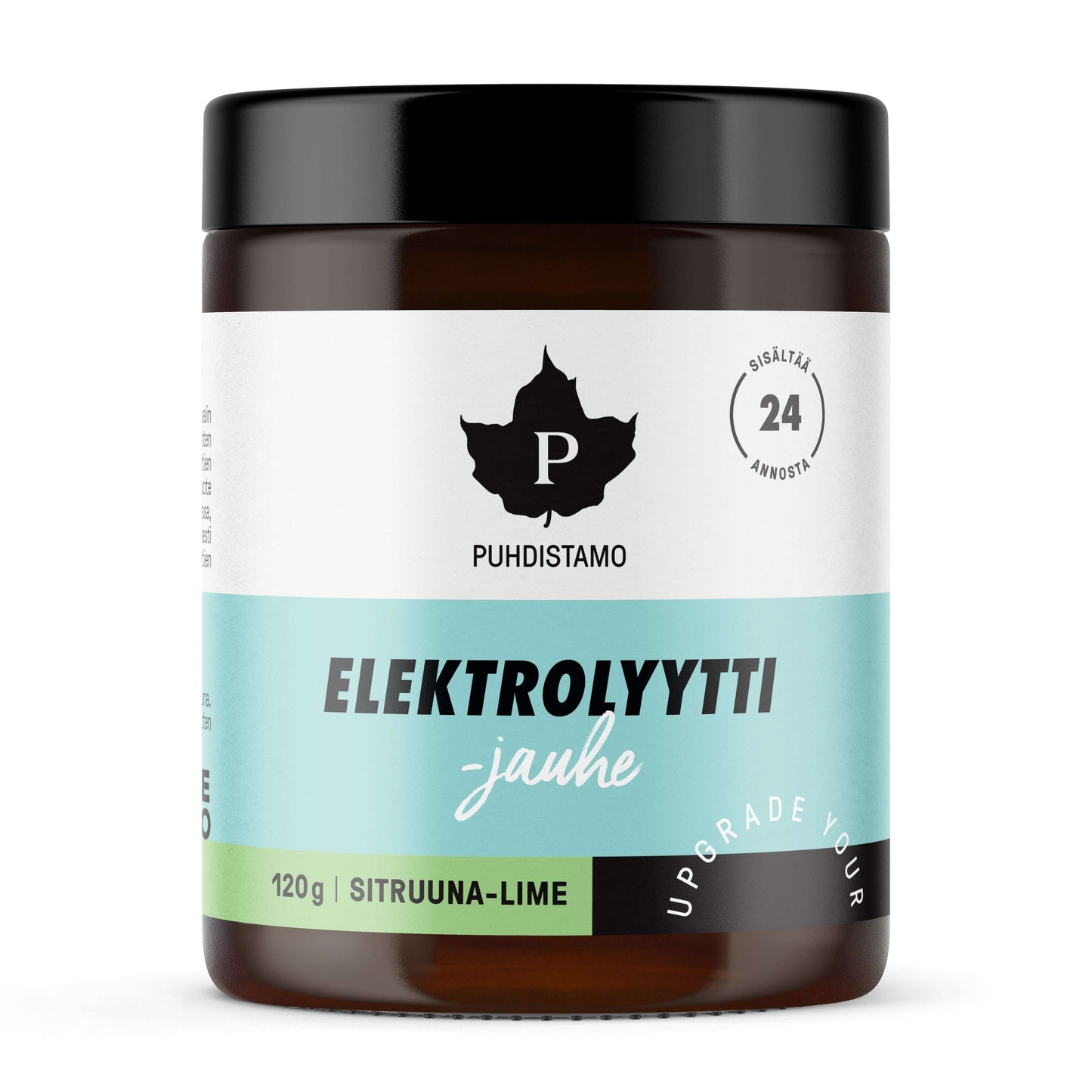 Puhdistamo Electrolyte Powder Lemon & Lime is een hydraterende drank voor ketogene diëten, verpakt in een witte, lichtblauwe en groene pot van 120 g met 24 porties.