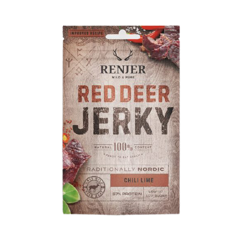 Renjer Nordic Red Deer Jerky Chili & Lime bevat wildvlees met veel eiwitten, weinig suiker en traditionele Scandinavische kwaliteiten. Het rustieke etiket wordt aangevuld met plakjes hertenjerky en levendige chilipepers.