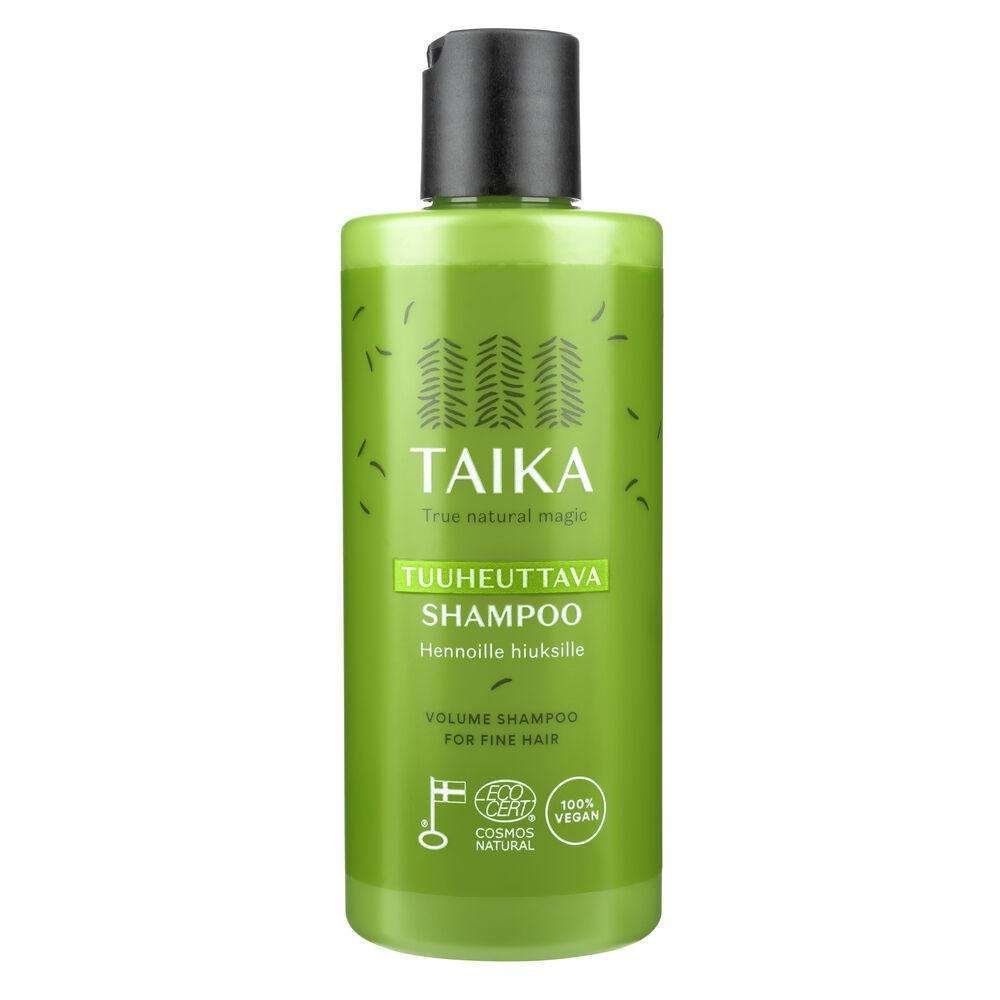 Taika Volume Shampoo van Taika wordt geleverd in een groene fles en bevat een volumegevende formule die speciaal is ontwikkeld om fijn haar een vollere, gezondere uitstraling te geven.