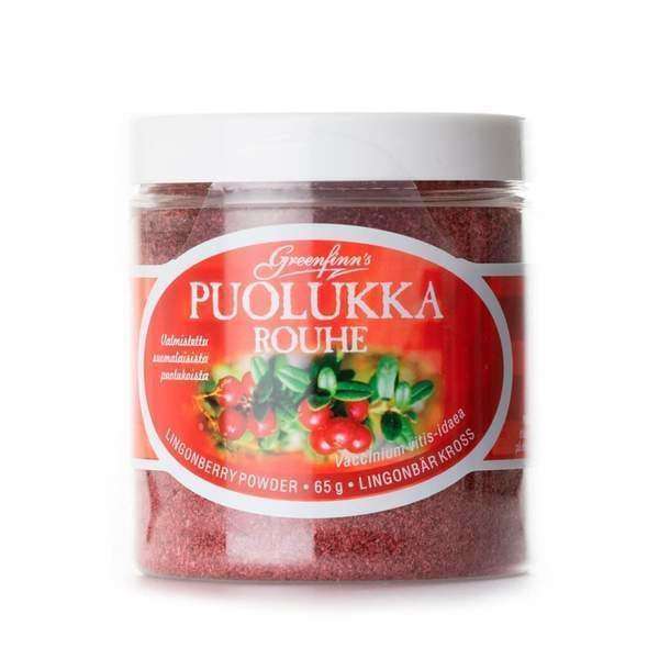Een doorzichtige plastic pot met een wit deksel bevat roodachtig Greenfinn's Powder. Op het etiket staat het Greenfinn's , afbeeldingen van lingonbessen en bladeren, en tekst in het Fins en Engels.