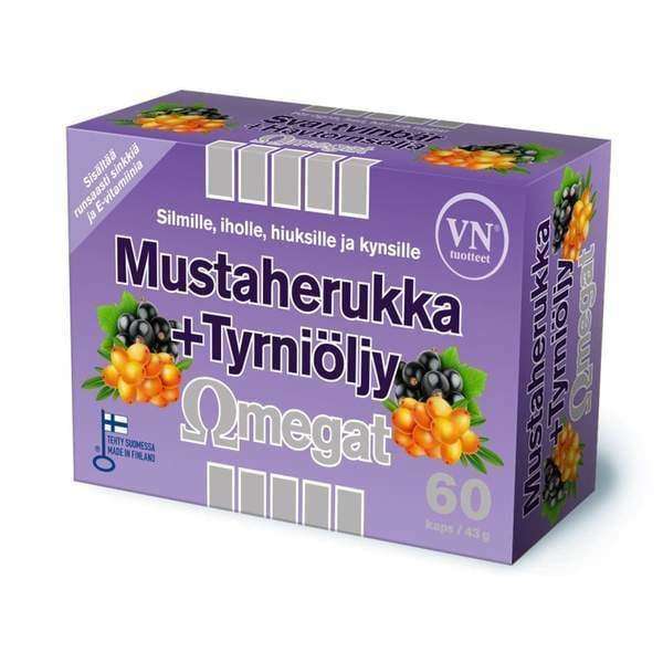 Een paarse doos met Via Naturale Omegat Blackcurrant & Buckthorn huidsupplementcapsules, met afbeeldingen van zwarte bessen en duindoorn. Bevat 60 capsules met omega-rijke zwarte bessenzaadolie en Finse tekst op de verpakking.