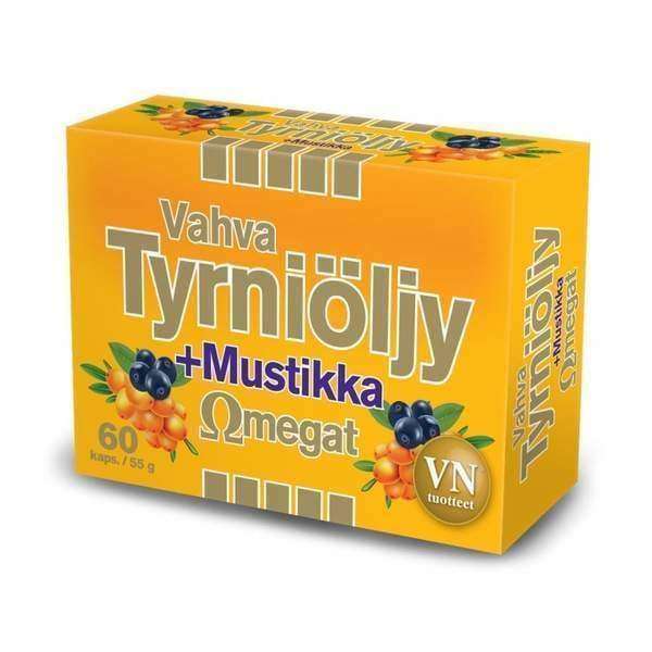 Op een gele doos met het opschrift Via Naturale Omegat Buckthorn & Bilberry staan duindoornbessen en bosbessen afgebeeld. Dit dagelijkse wellnesssupplement bevat 60 capsules (55 g) met duindoornzaadolie en bosbessenzaadolie.