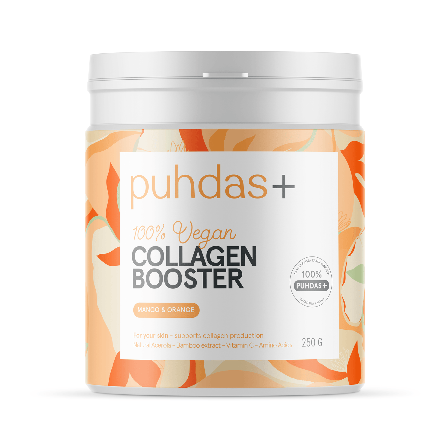 Puhdas+ Booster 100% Vegan Mango & Orange is een supplement van 250 g voor de ondersteuning van de huid, met bamboe-extract, vitamine C en aminozuren. De witte verpakking is voorzien van oranje bloemmotieven en het Puhdas+ .